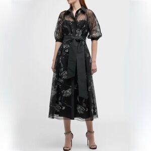 Teri Jon Embroidered Pull Sleeve Midi Dress Black Silver Size 12 NEW